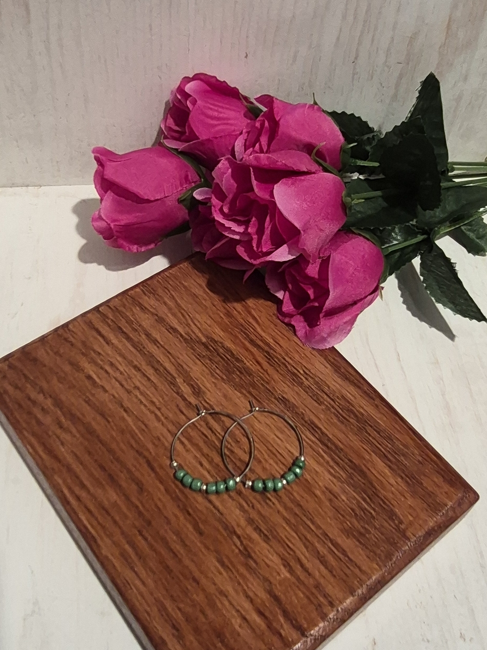 Green Beaded Hoop Earrings for Women - Lightweight Everyday Style